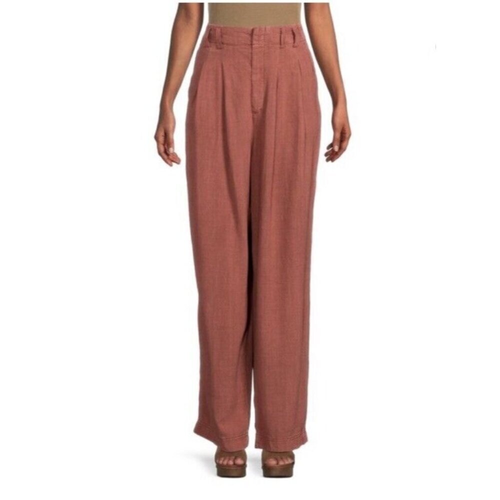 Free People Calla Wide Leg Rust Pleated Trousers Linen Blend Pants Sz 6 NEW
